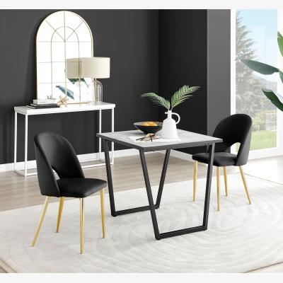 The Range Carson White Marble Effect Square Dining Table and 2 Arlon Gold Leg Chairs - Black