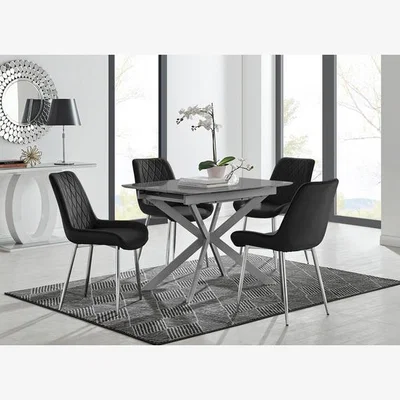 The Range Lira 100cm Grey Metal Extending Dining Table  4 Pesaro Silver Chairs - Black