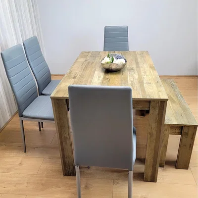 The Range Dining Table Set for 6 Rustic Effect Table With 4 Chairs and 1 Bench - Grey