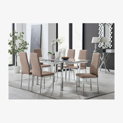 The Range Enna White Glass Extending Modern Kitchen Dining Table and 6 Milan Chairs - Cappuccino