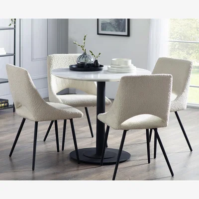 The Range Luca Round Table and 4 Iris Chairs Set - White Marble and Black