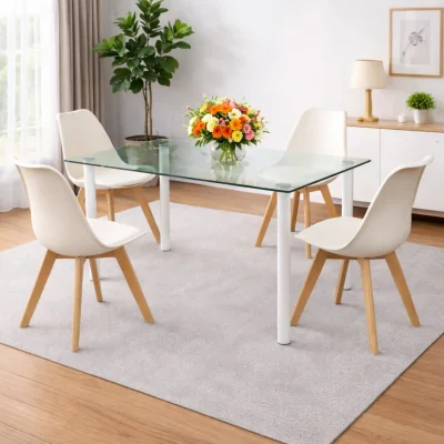 The Range Modern Clear Glass Dining Table Set With 4 Cream Plastic Chairs Dining Room Furniture - Neutral