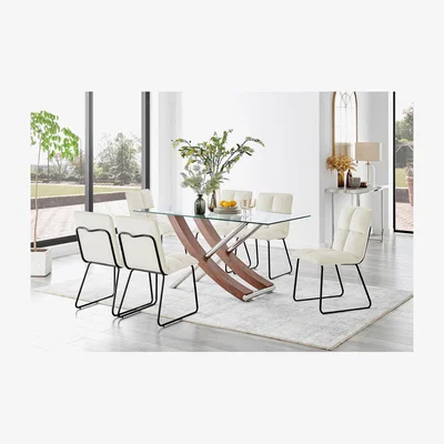 The Range Mayfair Glass and Brown Wood Effect Dining Table with 6 Menen Chairs - Cream