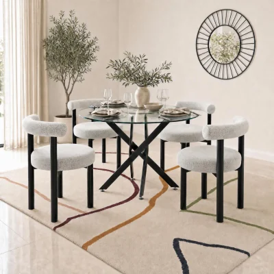 The Range Novara Glass Black Leg Round Dining Table 4 Isola Chairs - Grey