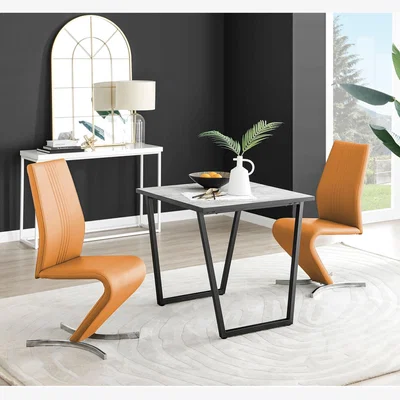 The Range Carson White Marble Effect Square Dining Table and 2 Willow Chairs - Mustard