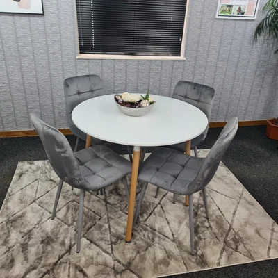 The Range Dining Table Set Of 4 Round White Dining Table And 4 Grey Velvet Tufted Chairs - White