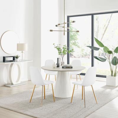 The Range Palma Beige Stone Effect Round Dining Table and 4 Corona Gold Leg Chairs - White