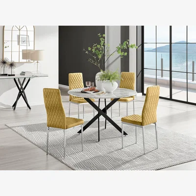The Range Novara White Marble Black Leg 120cm Round Dining Table and 4 Velvet Milan Chairs - Mustard