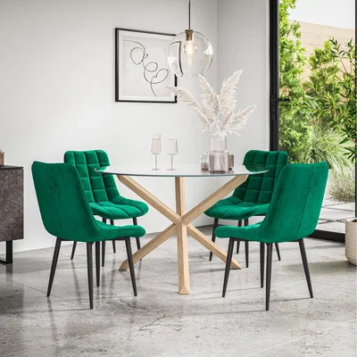 The Range Malvern Round Glass Dining Table Set w Oak Legs w 4-6 Nova Velvet Chair - Green / 4