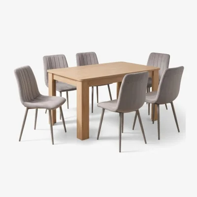 The Range Modern Oak Effect Dining Table Set with 6 Grey Velvet Chairs 6 Seater Kitchen Dining Furniture Set - Grey