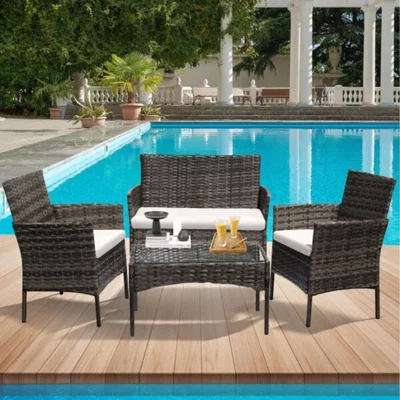The Range Grey 4 Seater Rattan Dining Set with Soft Cushions - Grey 4 Seater Rattan Dining Set