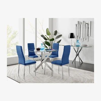 The Range Novara 100cm Round Dining Table and 4 Velvet Milan Chairs - Navy