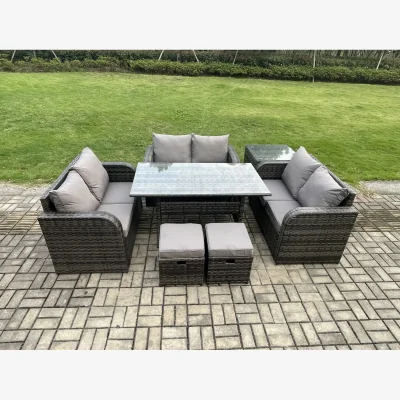 The Range Fimous 8-Seater Rattan Sofa Dining Set with Side Table & Footstools - Dark Grey