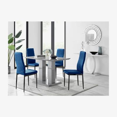 The Range Imperia 4 Grey Dining Table and 4 Velvet Milan Black Leg Chairs - Grey Table / Navy Chairs