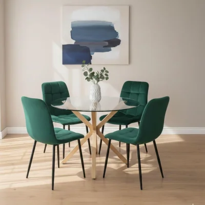 The Range Round Glass Dining Table Set With 4 green velvet Chairs Dining Room Furniture - Neutral