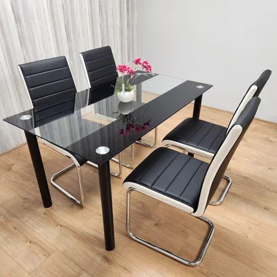 The Range Dining Table Set of 4 Black Clear Table and 4 Faux Leather Padded Chrome Chairs - Black Clear