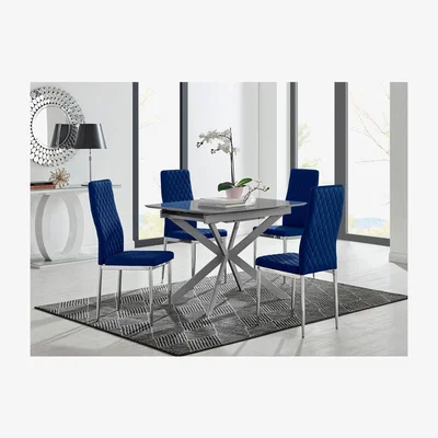 The Range Lira 100cm Grey Metal Extending Dining Table and 4 Velvet Milan Chairs - Navy
