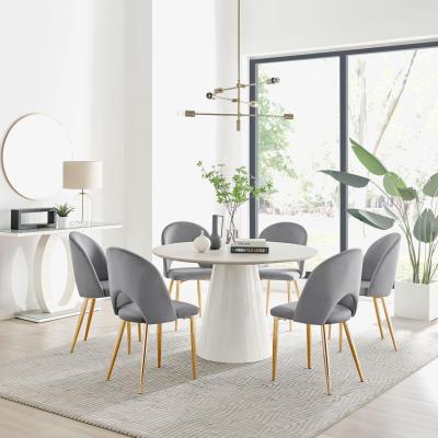 The Range Palma Beige Stone Effect Round Dining Table and 6 Arlon Gold Leg Chairs - Grey