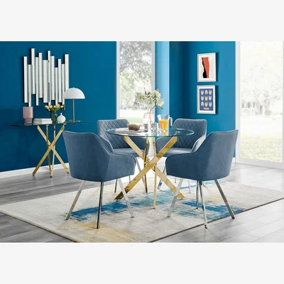 The Range Novara Round Glass Dining Table And 4 Falun Chairs - Blue