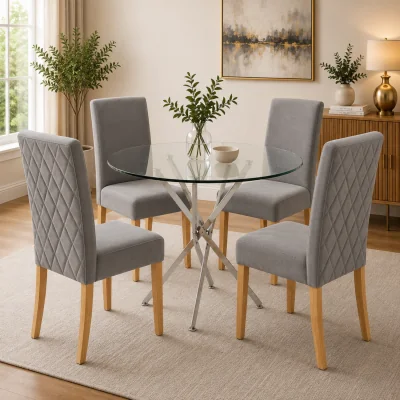 The Range Kitchen Dining Set with Round Glass Table and 4 Grey Diamond Stitch Velvet Chairs with Wooden Legs - Grey