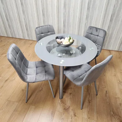 The Range Round Glass Grey Dining Table With Storage Shelf And 4 Grey Tufted Velvet Chairs - Grey