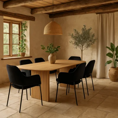 The Range Wyld Haus Newport 220cm Oak Veneer Dining Table with 6 Black Fabric Chairs - Natural