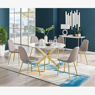The Range Novara White Marble Effect Gold Leg 120cm Dining Table  6 Corona Gold Leg Chairs - Cappuccino