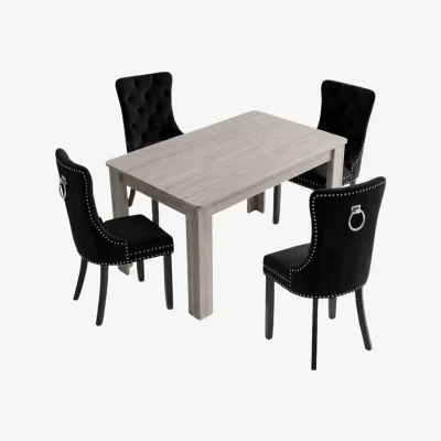 The Range 4 Seater Dining Set with Arrow Grey Table and 4 Black High Back Button Velvet Chairs with Studs - Black