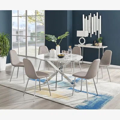 The Range Novara White Marble Effect 120cm Dining Table and 6 Corona Silver Chairs - Cappuccino