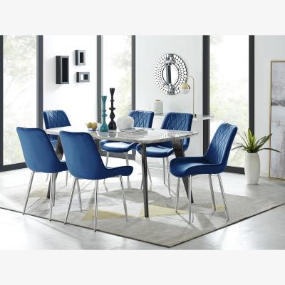 The Range Andria Black Leg Marble Effect Dining Table and 6 Pesaro Silver Leg Chairs - Blue