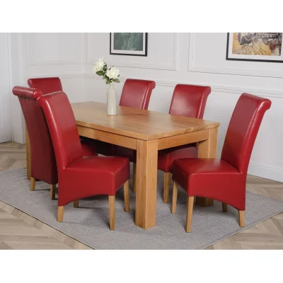 The Range Dakot 182 x 92cm Oak Large Dining Table and 6 Montana Leather Chairs - Red