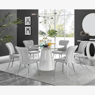 The Range Palma White Marble Effect Dining Table and 6 Nora Silver Leg Chairs - Grey