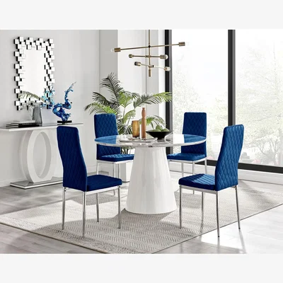 The Range Palma White Marble Effect Round Dining Table and 4 Velvet Milan Chairs - Navy