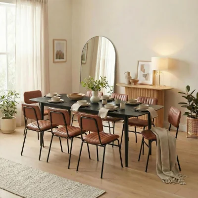The Range Leif Black Wood Extending Dining Table with 8 Delta Chairs - Tan