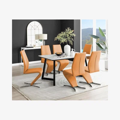 The Range Carson White Marble Effect Dining Table and 6 Willow Chairs - Mustard
