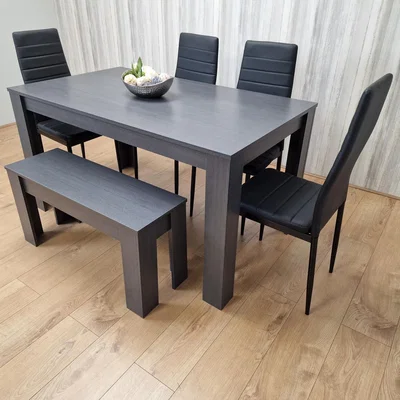 The Range Dark Grey Dining Table Set with 4 Black Faux Leather Stitched Chairs And 1 Bench - Dark Grey