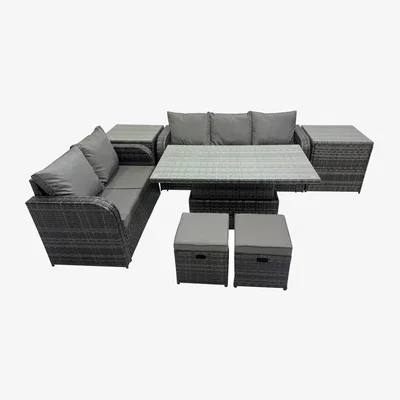 The Range Fimous 7-Seater Rattan Patio Sofa and Dining Set with Adjustable Rising Table, Dark Grey Mixed - Dark Grey Mixed
