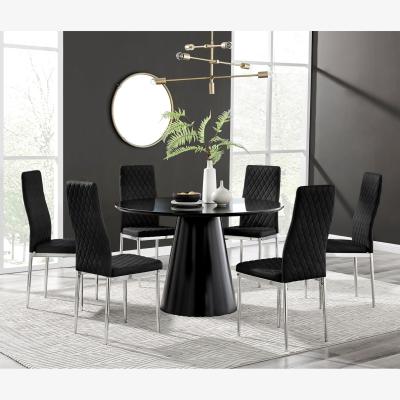The Range Palma Black High Gloss Round Dining Table and 6 Velvet Milan Chairs - Black