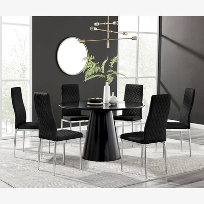 The Range Palma Black High Gloss Round Dining Table and 6 Velvet Milan Chairs - Black