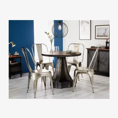 The Range Urban Industrial Round Dining Set with 4 Metal Grey Chairs - Medium Wood