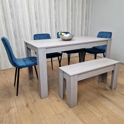 The Range Dining table set With 4 Blue velvet Chairs and a Bench - Grey Blue