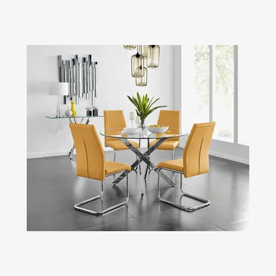The Range Novara Chrome Metal  Glass Large Round Dining Table with 4 Lorenzo Chairs Set - Orange