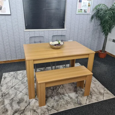 The Range 4 Seater Modern Light Wood Dining Table Set with 2 Grey Velvet Chairs and Bench - Brown