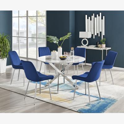 The Range Novara White Marble Effect 120cm Dining Table 6 Pesaro Silver Chairs - Navy