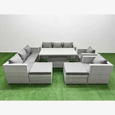 The Range Fimous 7pc Rising Rattan Dining Set with 3-Seater Sofa, Light Grey - Light grey mixed rattan with dark grey fabric