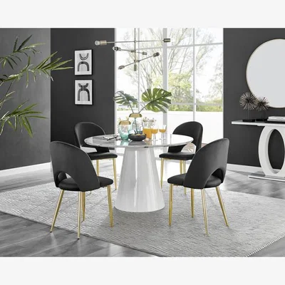 The Range Palma White Marble Effect Dining Table and 4 Arlon Gold Leg Chairs - Black
