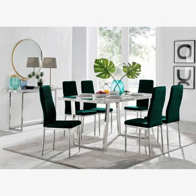 The Range Kylo White Marble Effect Dining Table and 6 Velvet Milan Chairs - Green