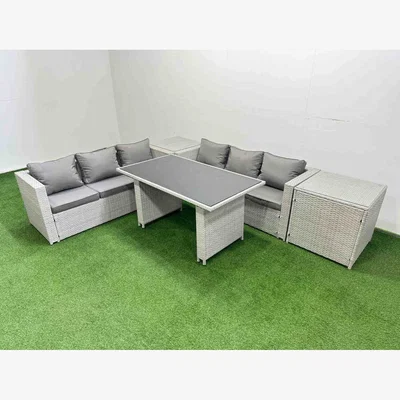 The Range Fimous 6-Seater Rattan Dining Set with Tempered Glass Table, Light Grey - Light Grey Mixed