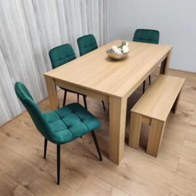 The Range KOSY KOALA 6 Seater Modern Light Wood Dining Table Set with 4 Green Velvet Chairs and Bench H75 x L140 x W80 cm