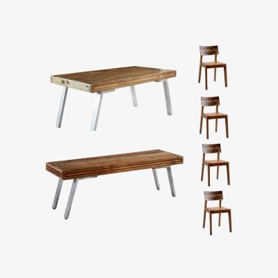 The Range Retro Wood And Metal Large Dining Table Set With 1 Bench And 4 Chairs - Natural Wood